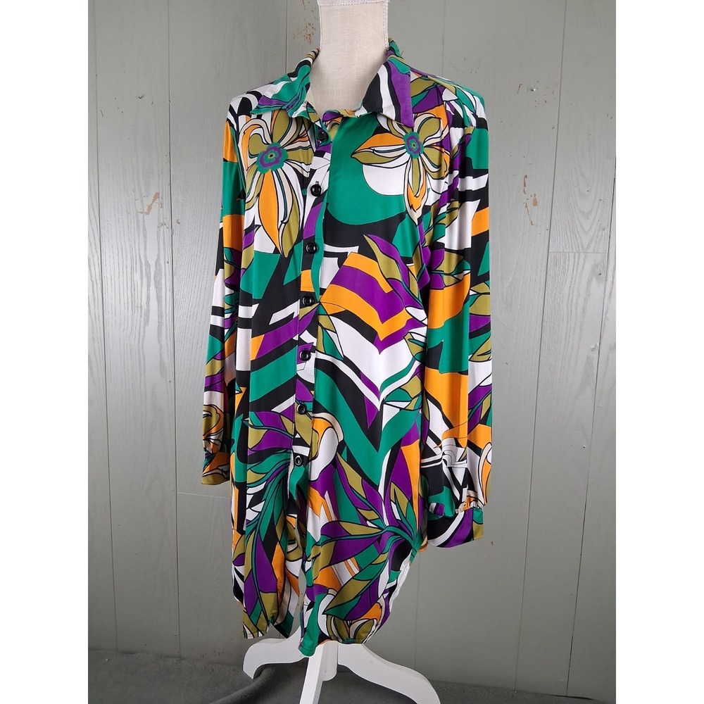 Vintage 90s Button Up Blouse Women XL Abstract Groovy Print Long Tunic Top Artsy